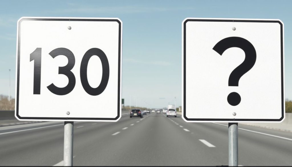 Panneaux de limitation de vitesse sur autoroute française : panneau standard 130 km/h à côté d'un panneau avec point d'interrogation symbolisant les limitations variables méconnues des vacanciers