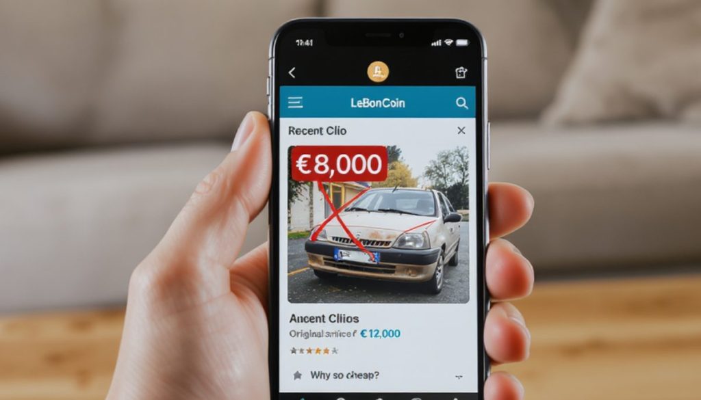 Smartphone affichant une annonce LeBonCoin suspecte avec prix anormalement bas pour sensibiliser aux arnaques automobiles